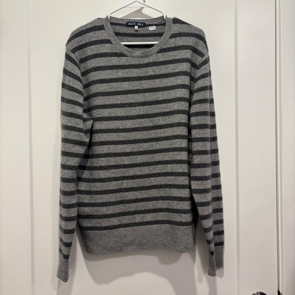 Alex Mill Mens 100% Cashmere Striped Crewneck Sweater Grey Charcoal Large